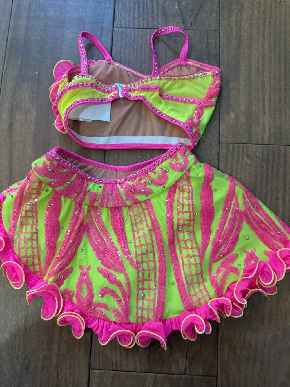 Girls Neon Pink and Lime Dance Costume Set with Ruffle Accents